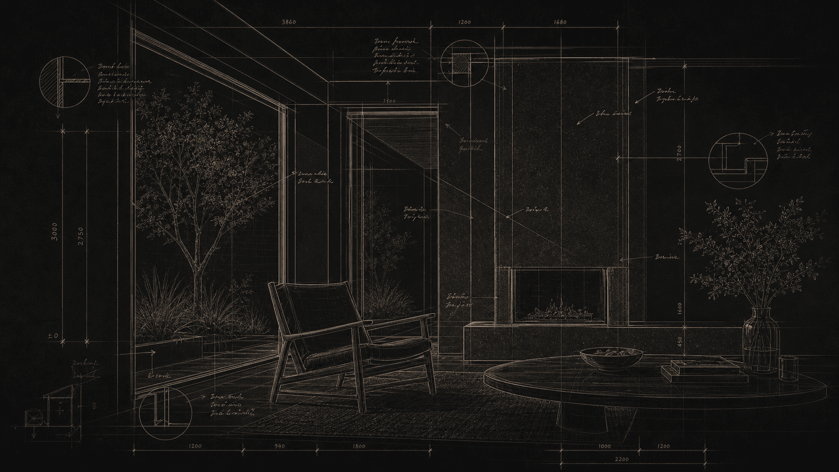 Illustrative drawing study with coordination and detail annotations